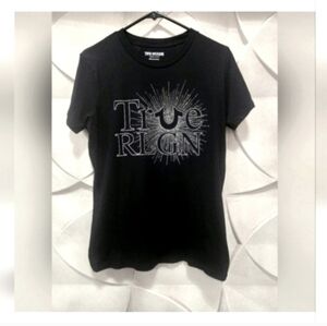 True Religion Women's T Shirt Size Large Black Silver Rhinestones